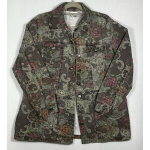Vintage Roamans Denim Jacket SZ 14W Floral Print Button Up 90s Boho Cottagecore